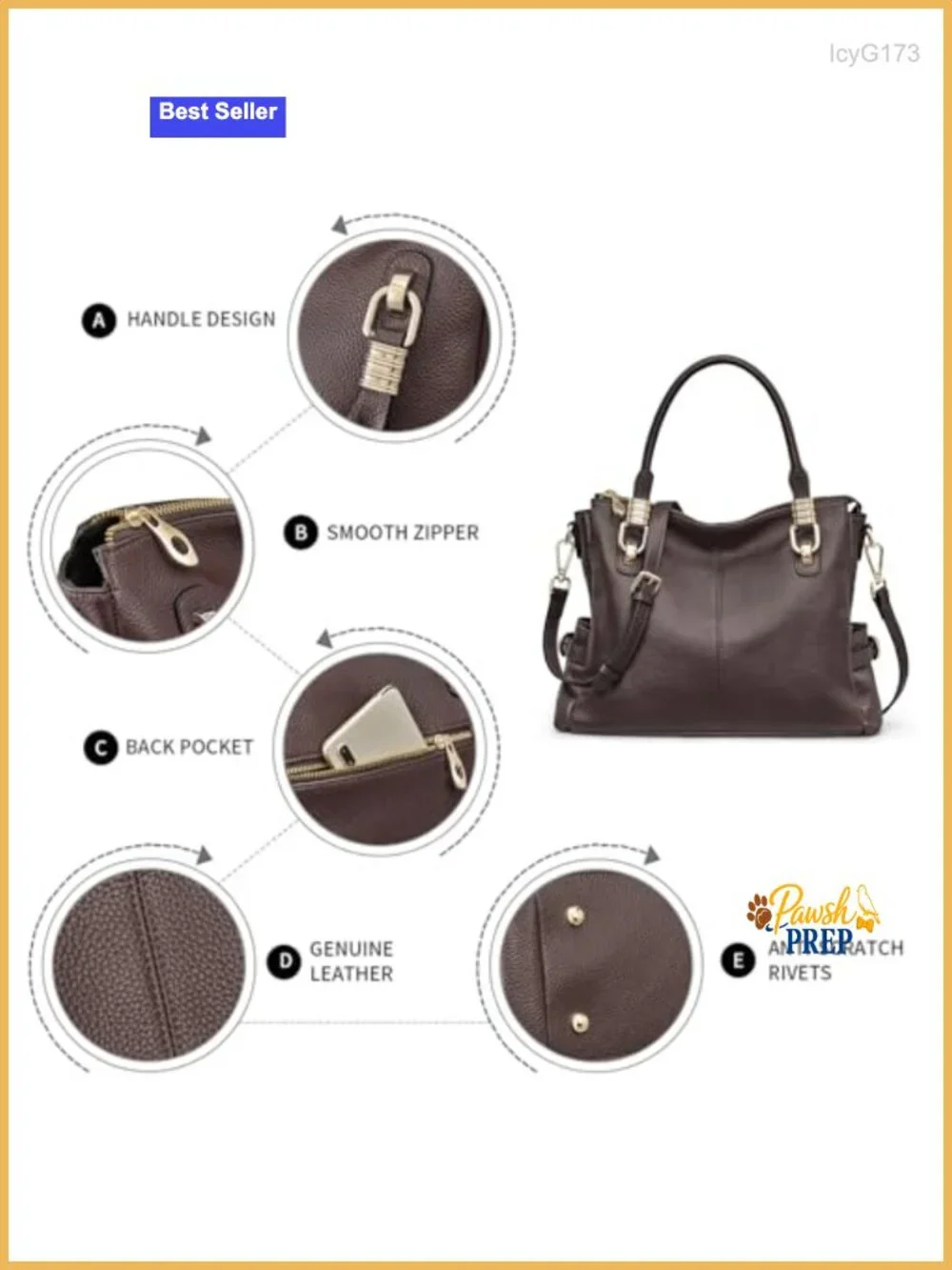 Top Grain Pebbled Cowhide Leather Satchel Tote Shoulder Bag with Pockets